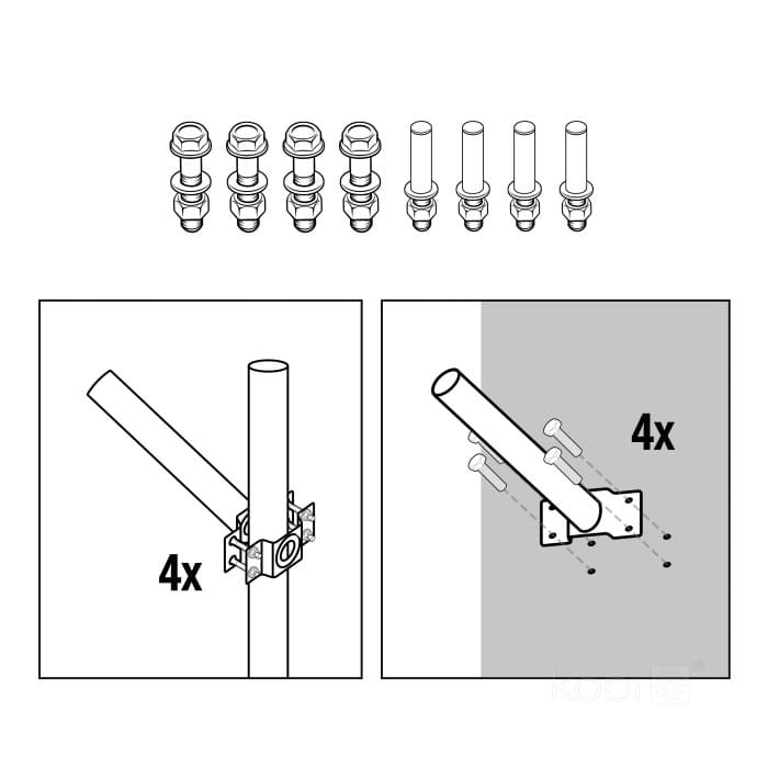 Uchwyt ścienny KOBI BASE SE 500mm Fi 48mm LED2B sposoby mocowania